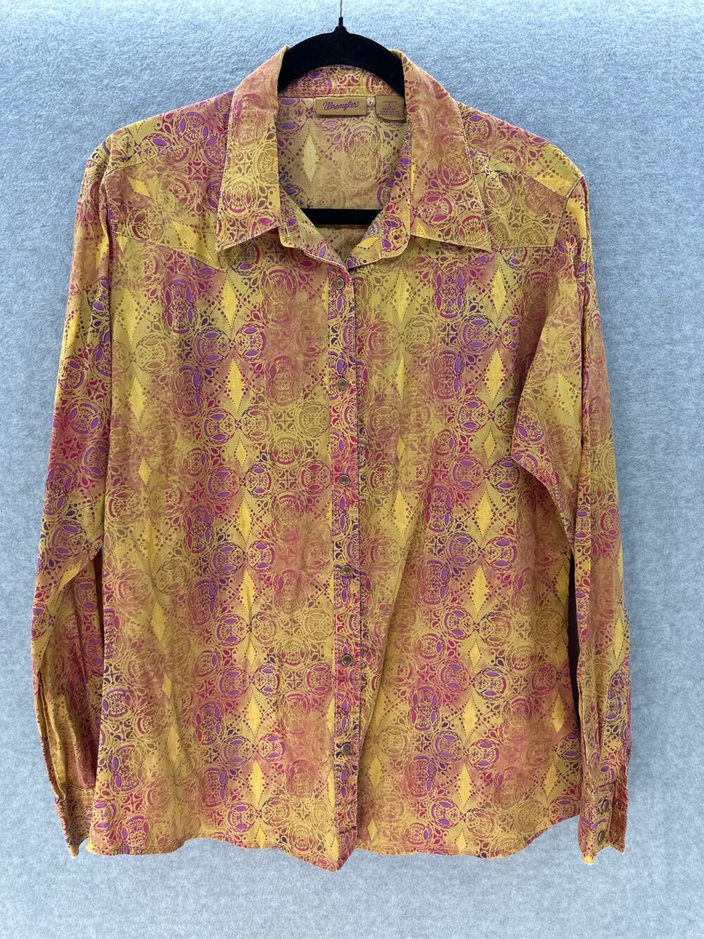 Wrangler Women's sz L VTG Inspired Snap Shirt Mustard Purple Print Western BOHO